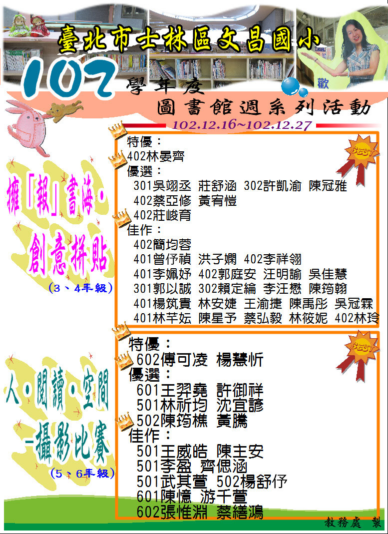 102學年度文昌國小圖書館週得獎名單